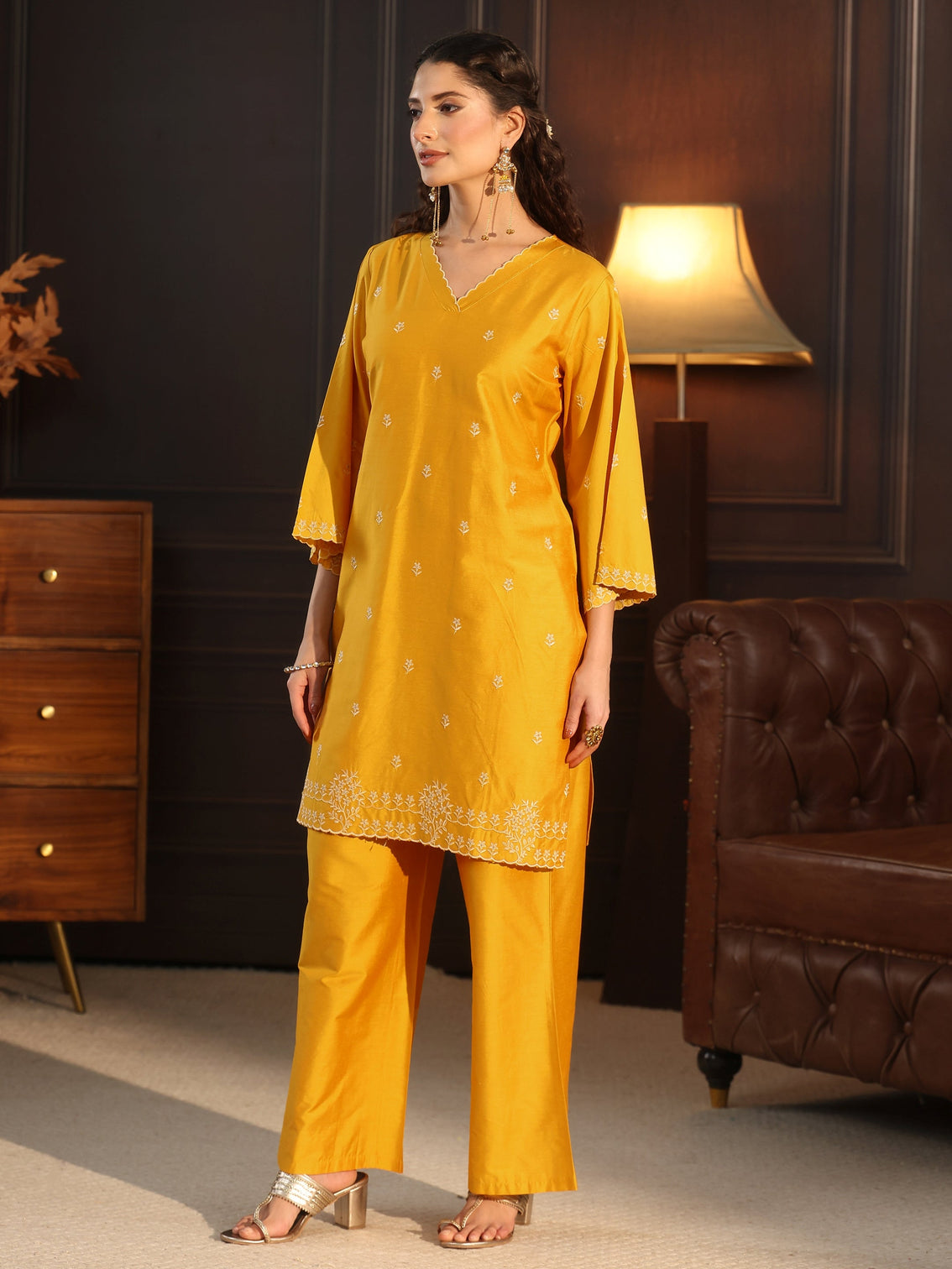 Mameraa Mustard Floral Embroidered Silk Blend Co-Ord Set