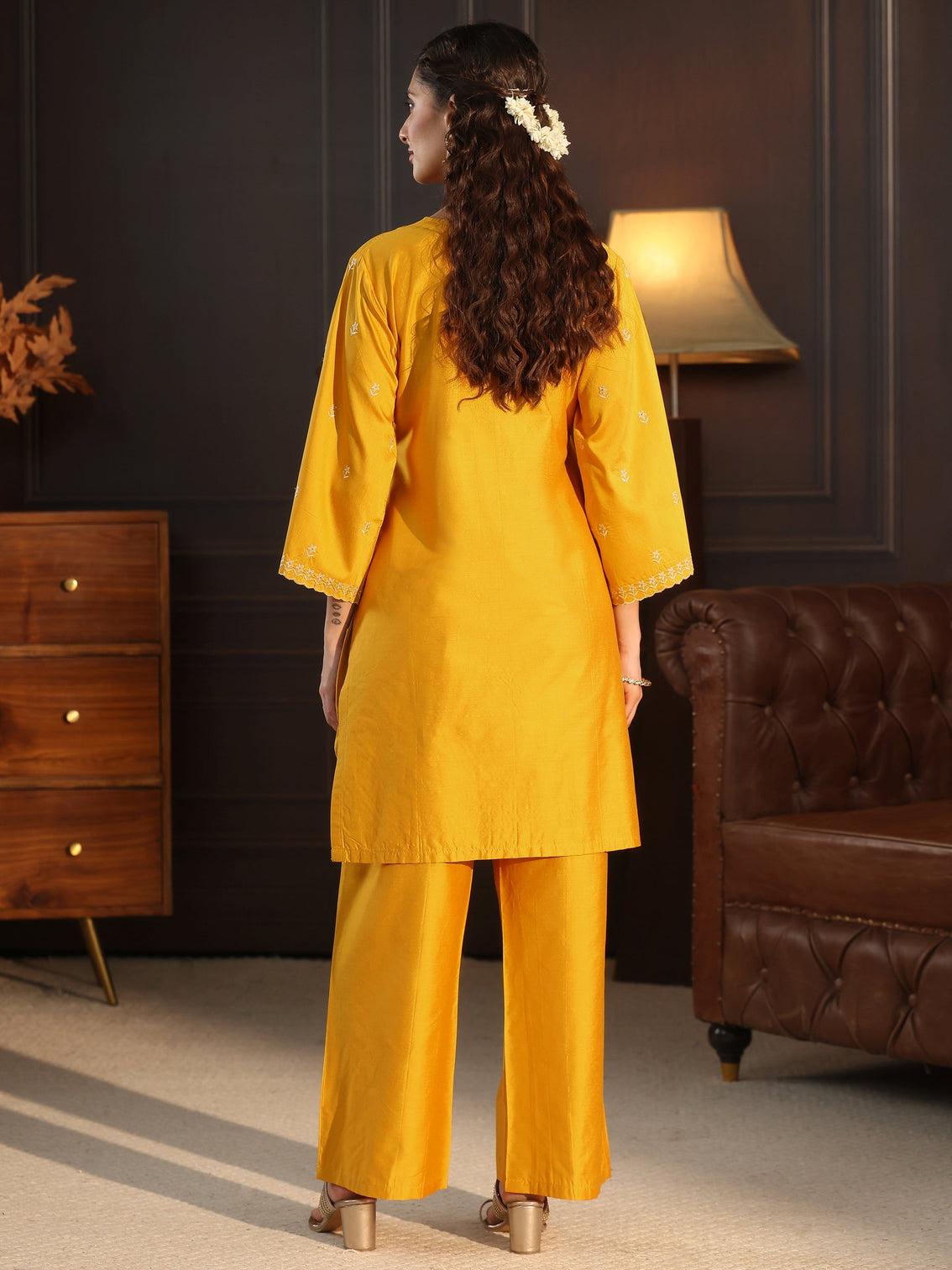 Mameraa Mustard Floral Embroidered Silk Blend Co-Ord Set
