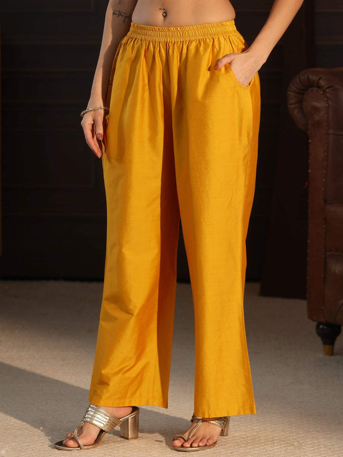 Mameraa Mustard Floral Embroidered Silk Blend Co-Ord Set