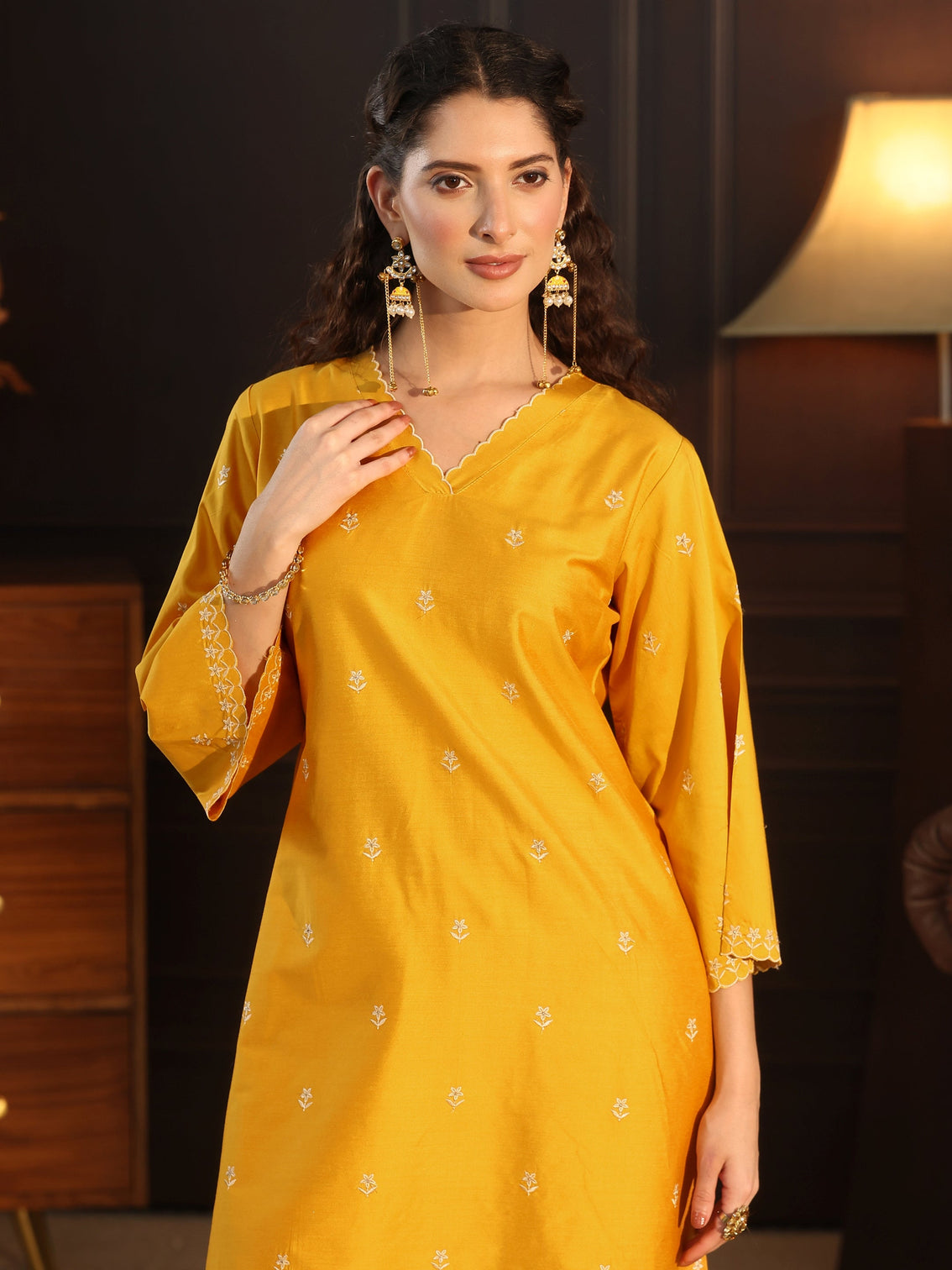 Mameraa Mustard Floral Embroidered Silk Blend Co-Ord Set