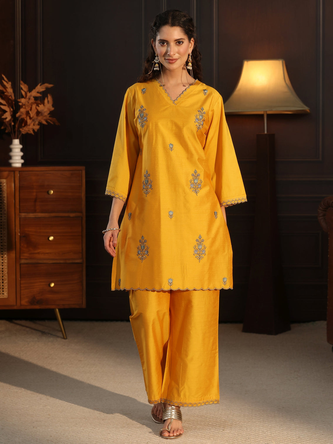 Mameraa Mustard Floral Embroidered Silk Blend Co-Ord Set