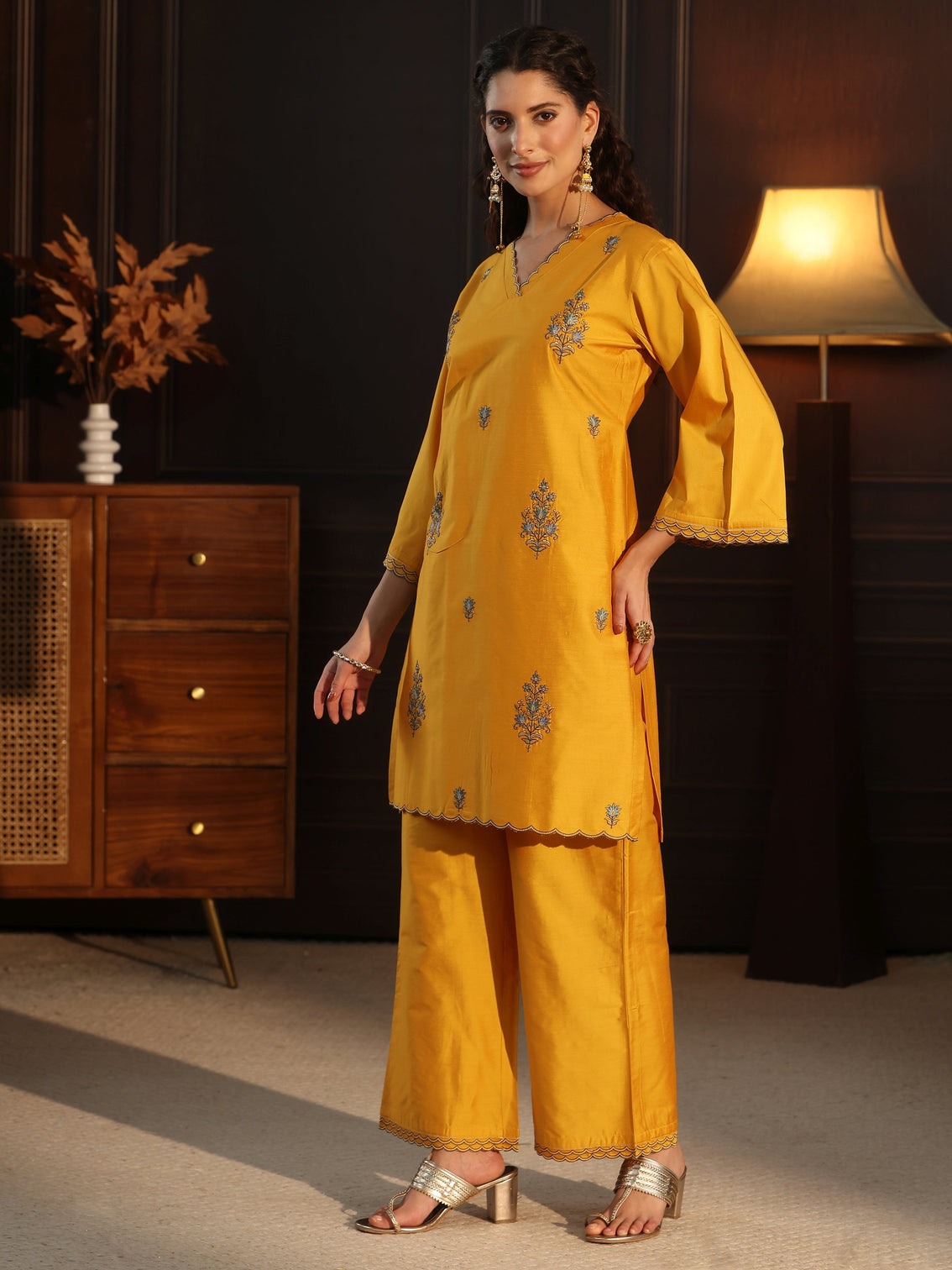 Mameraa Mustard Floral Embroidered Silk Blend Co-Ord Set
