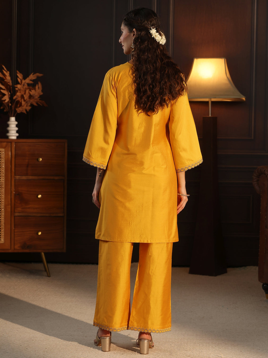 Mameraa Mustard Floral Embroidered Silk Blend Co-Ord Set