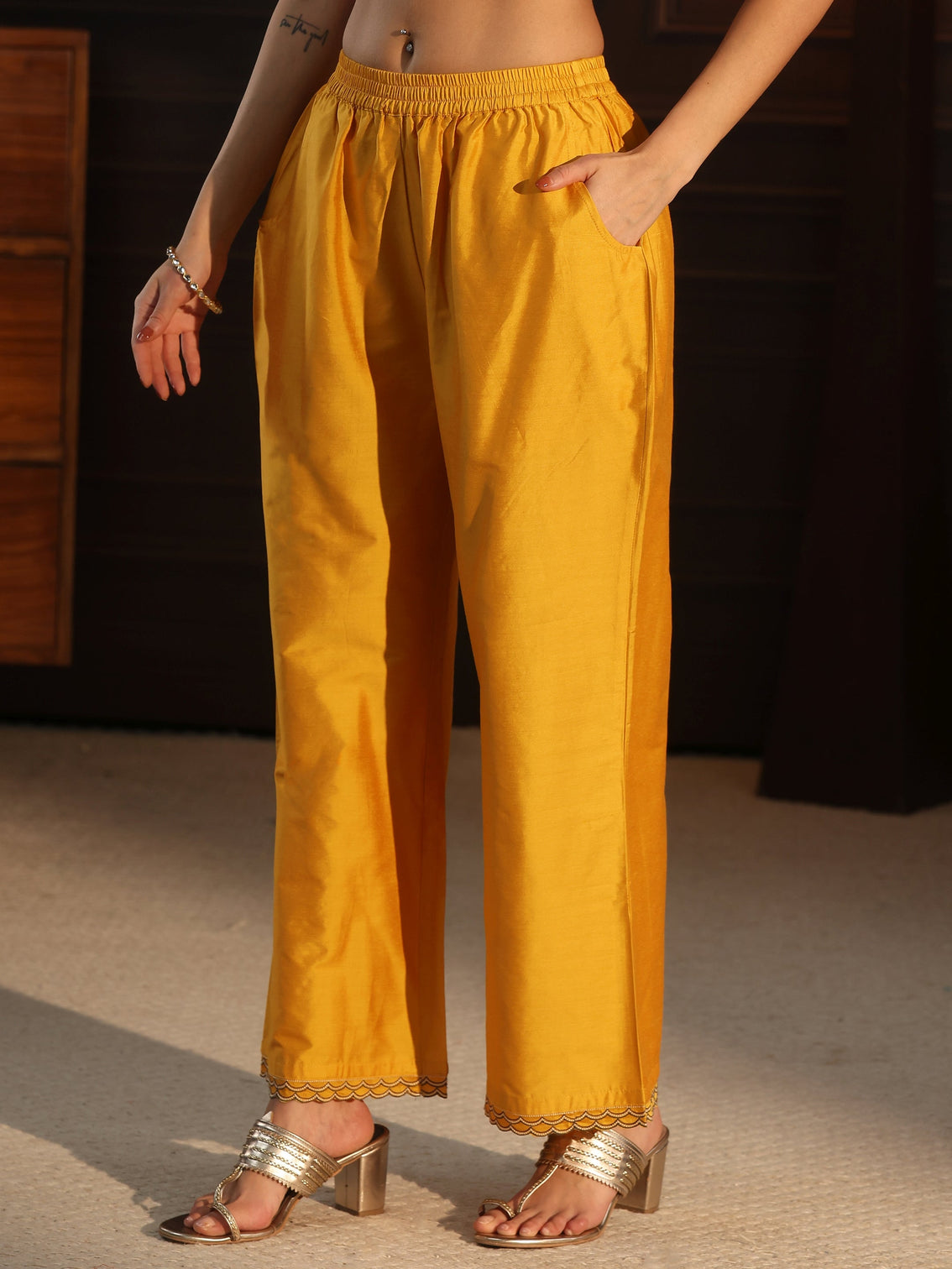 Mameraa Mustard Floral Embroidered Silk Blend Co-Ord Set