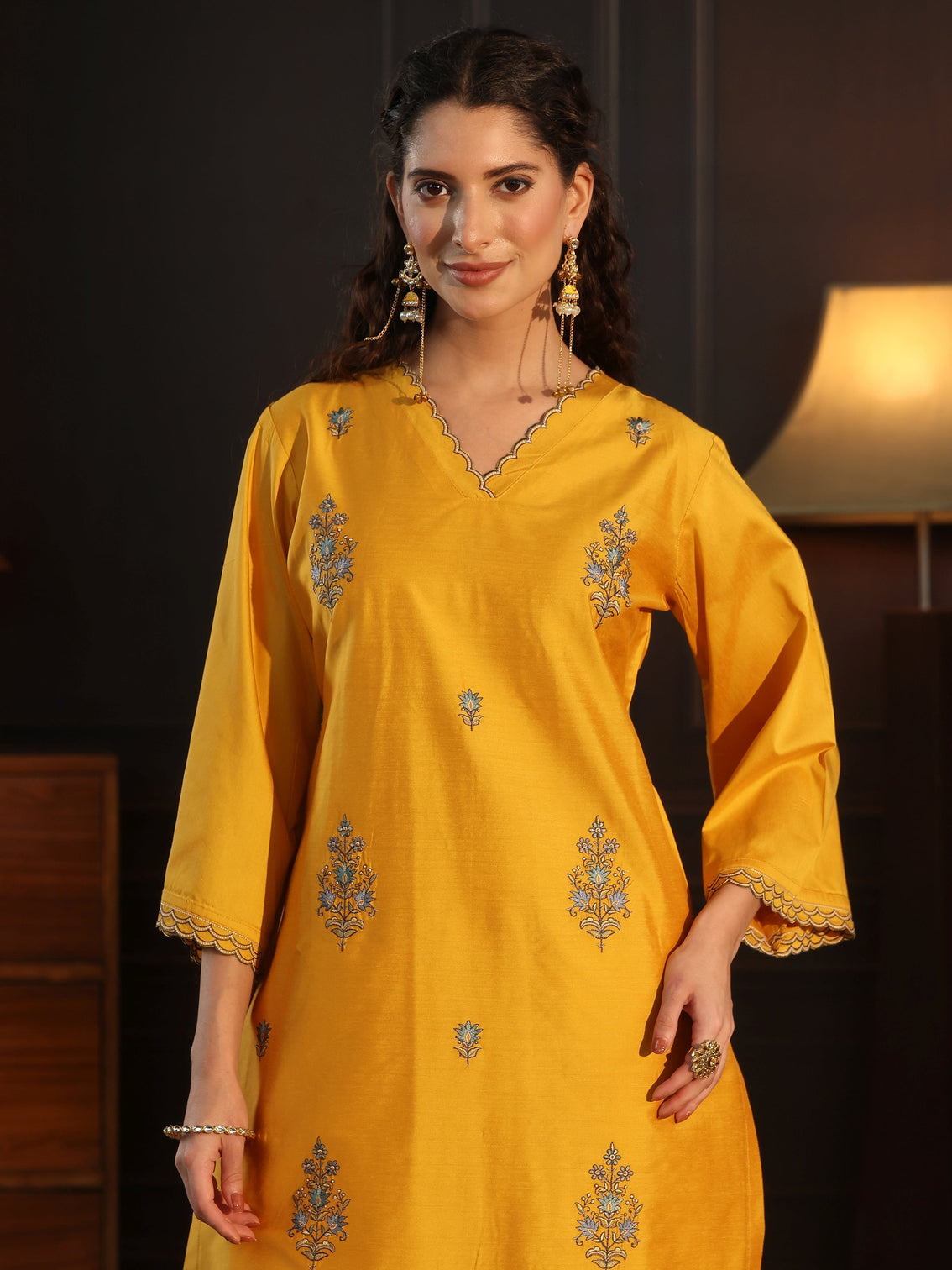 Mameraa Mustard Floral Embroidered Silk Blend Co-Ord Set