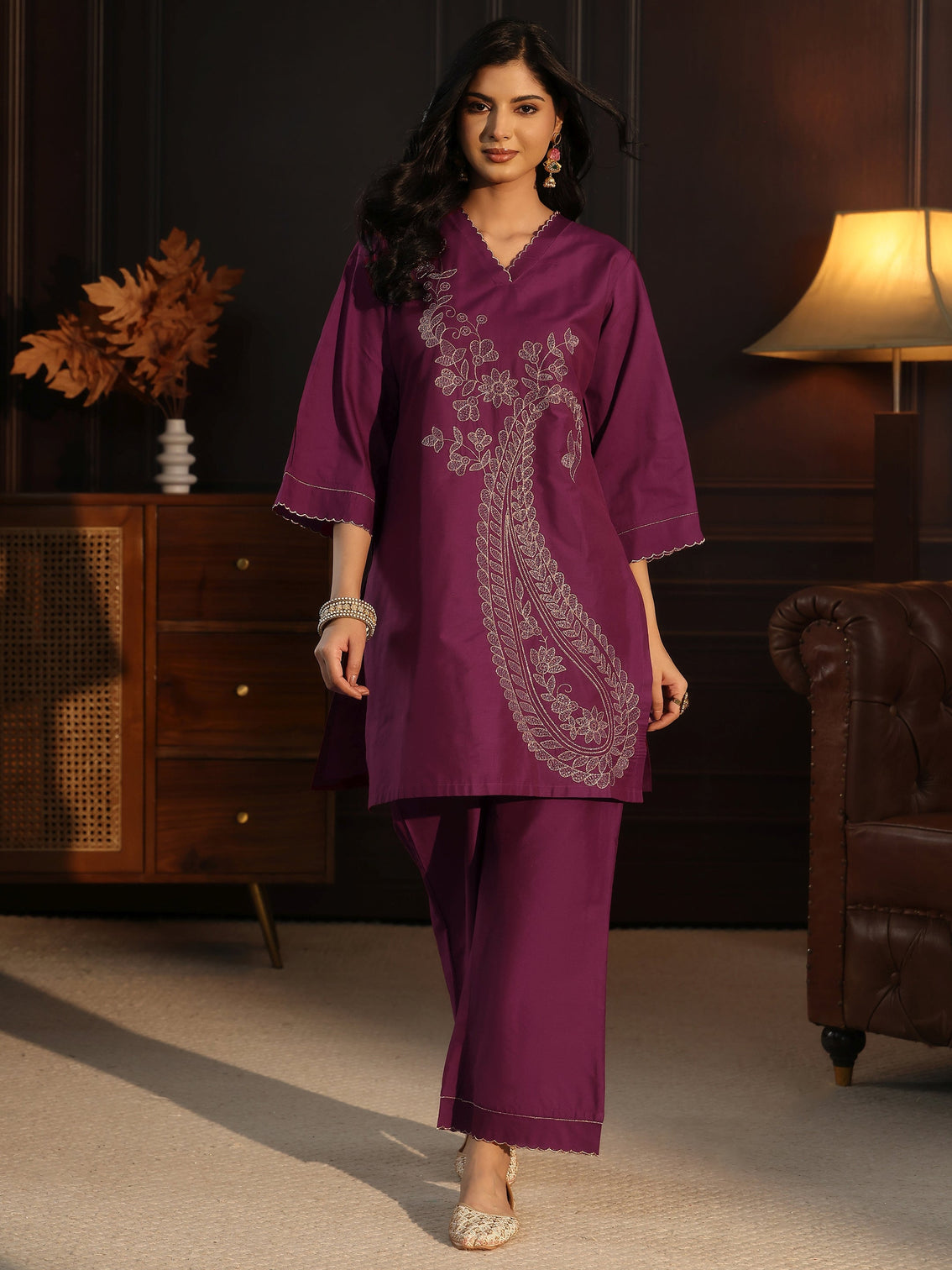 Mameraa Burgundy Paisley Embroidered Silk Blend Co-Ord Set