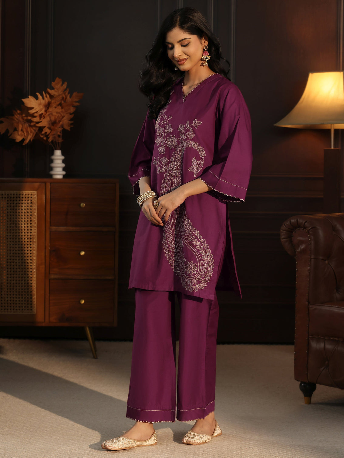 Mameraa Burgundy Paisley Embroidered Silk Blend Co-Ord Set