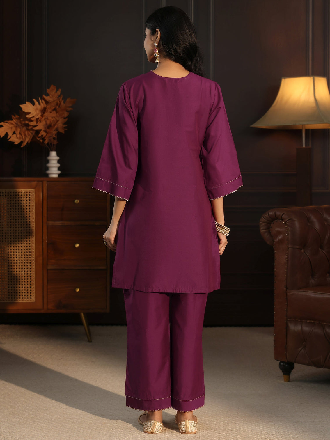 Mameraa Burgundy Paisley Embroidered Silk Blend Co-Ord Set