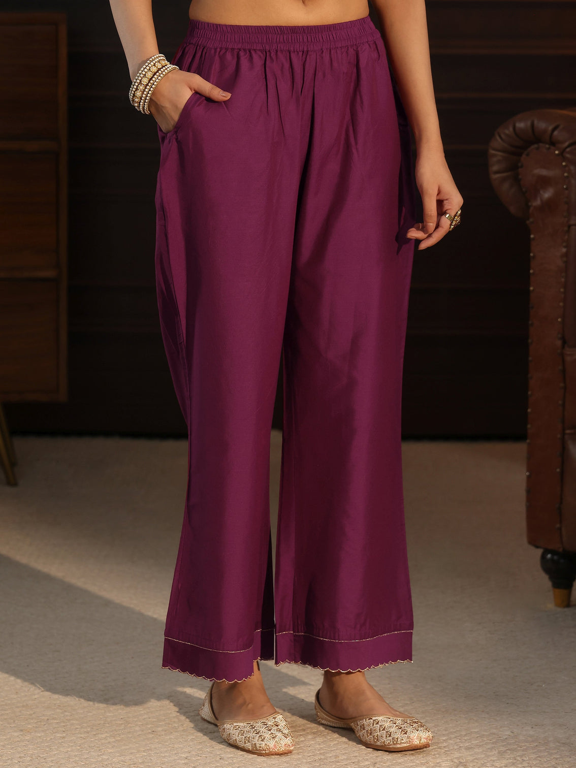 Mameraa Burgundy Paisley Embroidered Silk Blend Co-Ord Set