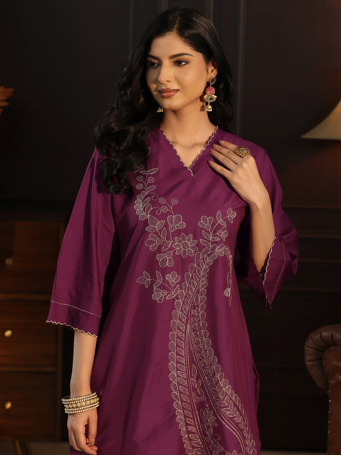 Mameraa Burgundy Paisley Embroidered Silk Blend Co-Ord Set
