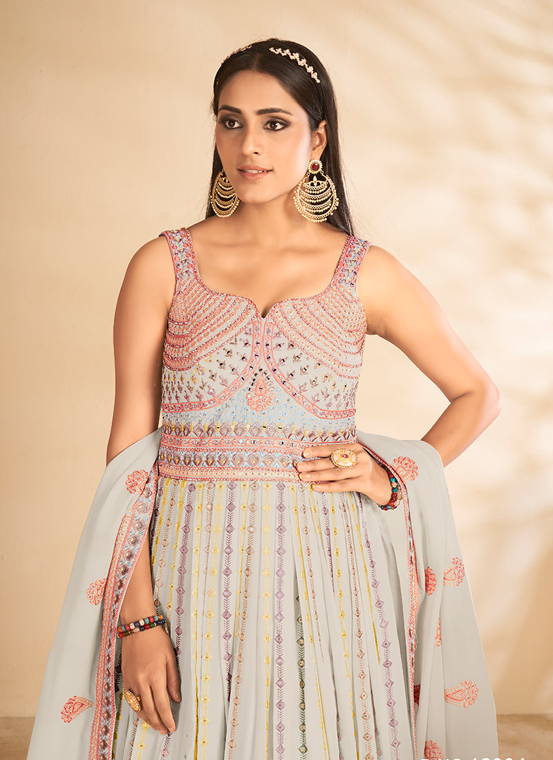 Sky Blue Mirror Embroidered Anarkali Gown
