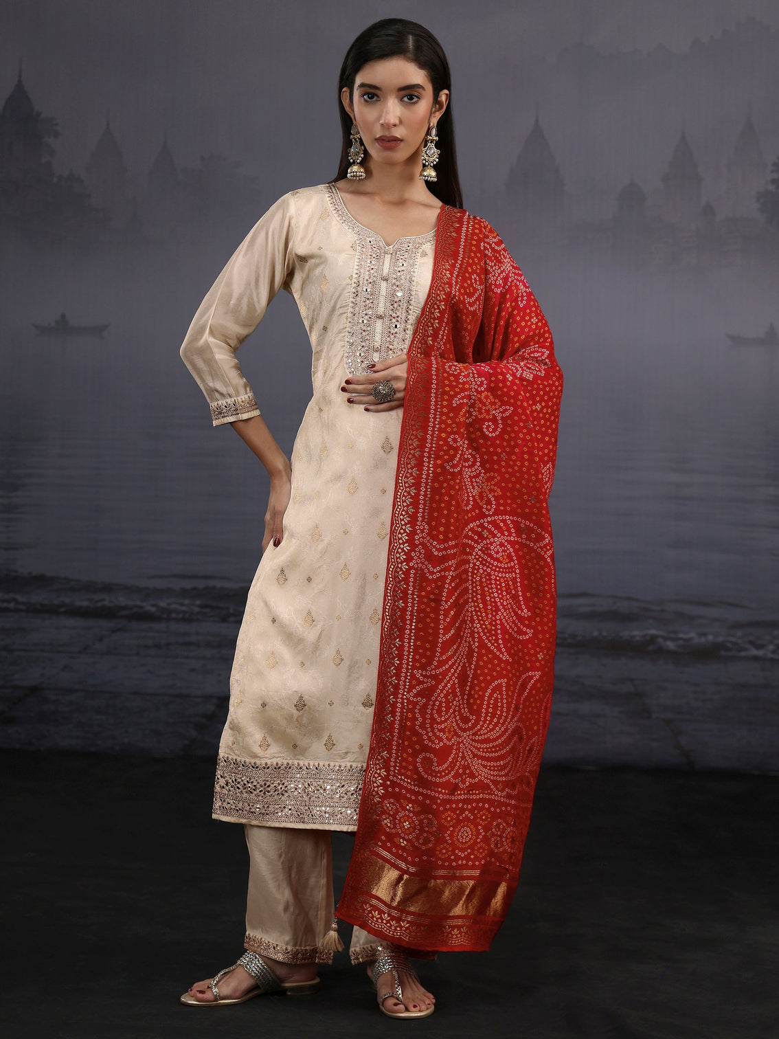 Mameraa Off White Woven Design Silk Blend Straight Suit Set