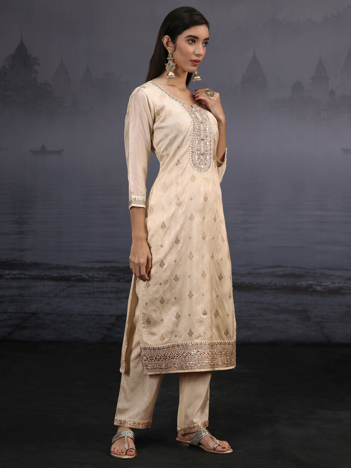 Mameraa Off White Woven Design Silk Blend Straight Suit Set