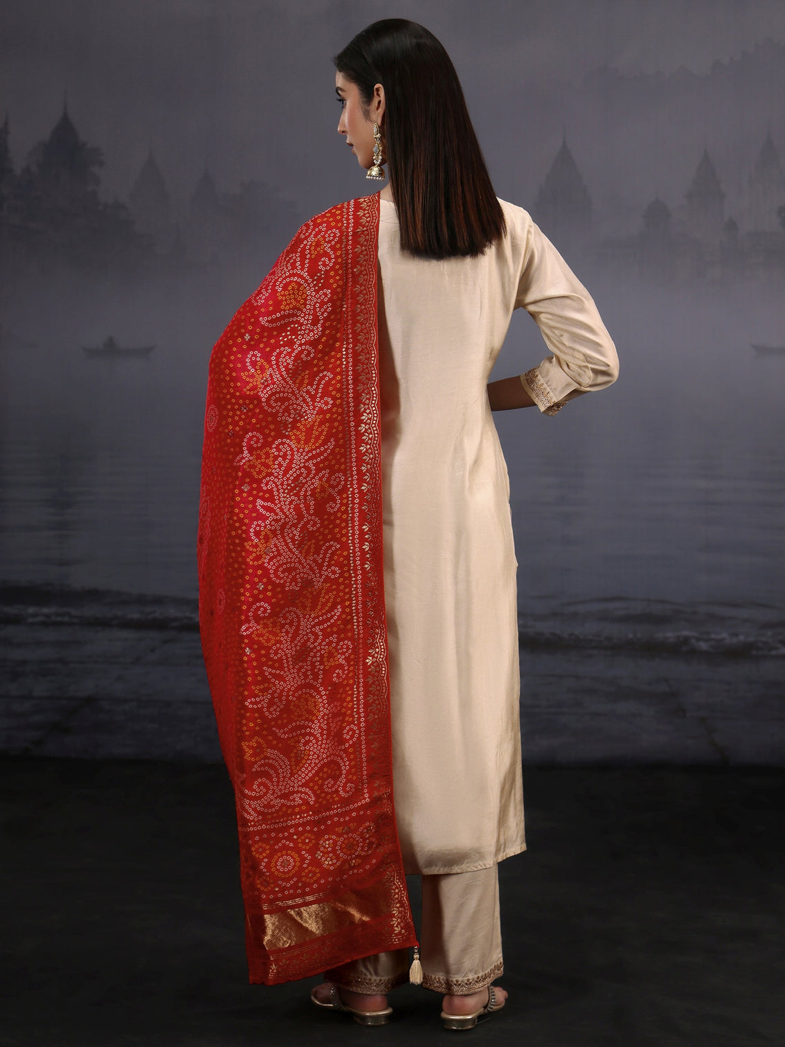 Mameraa Off White Woven Design Silk Blend Straight Suit Set