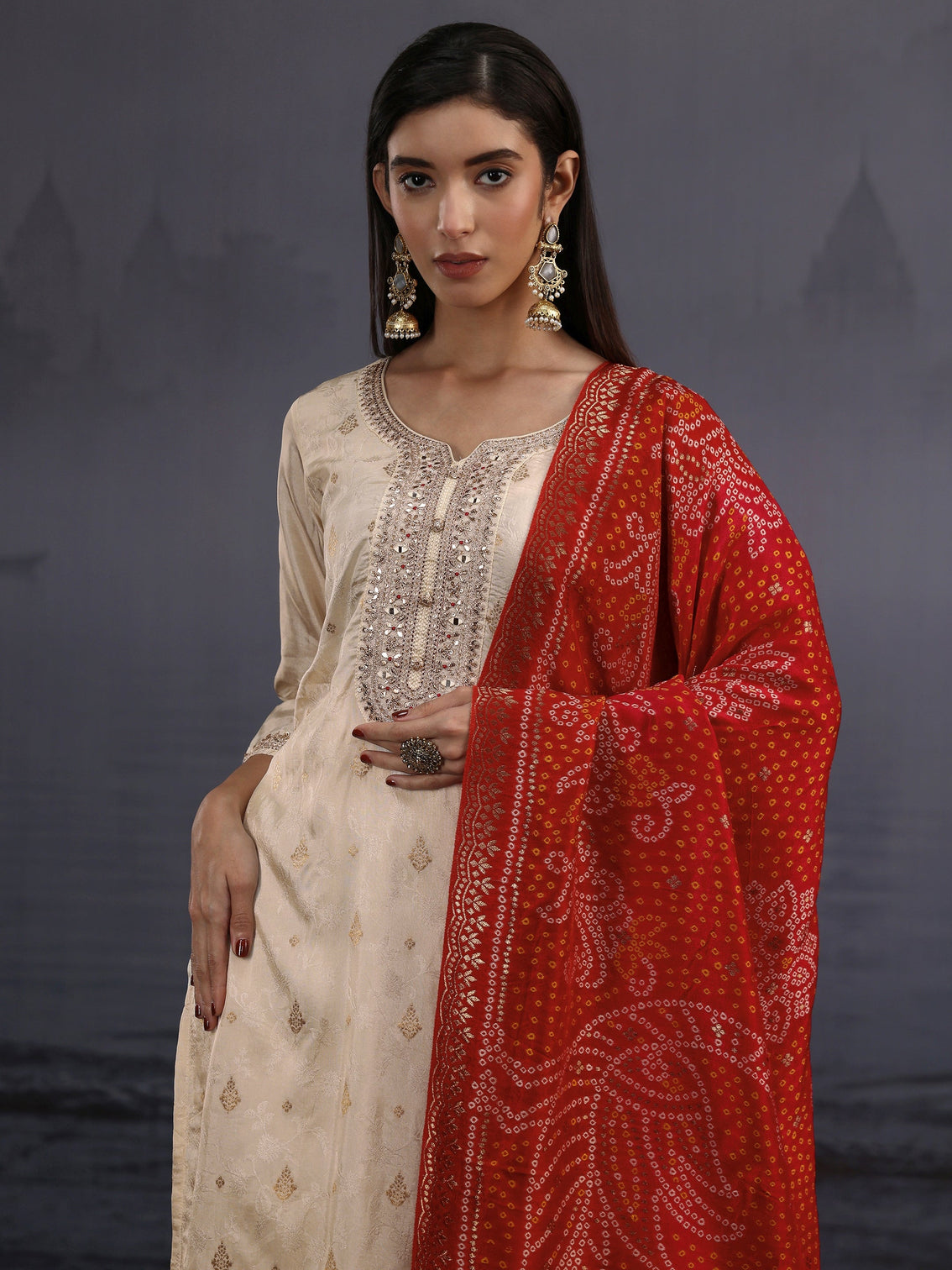 Mameraa Off White Woven Design Silk Blend Straight Suit Set