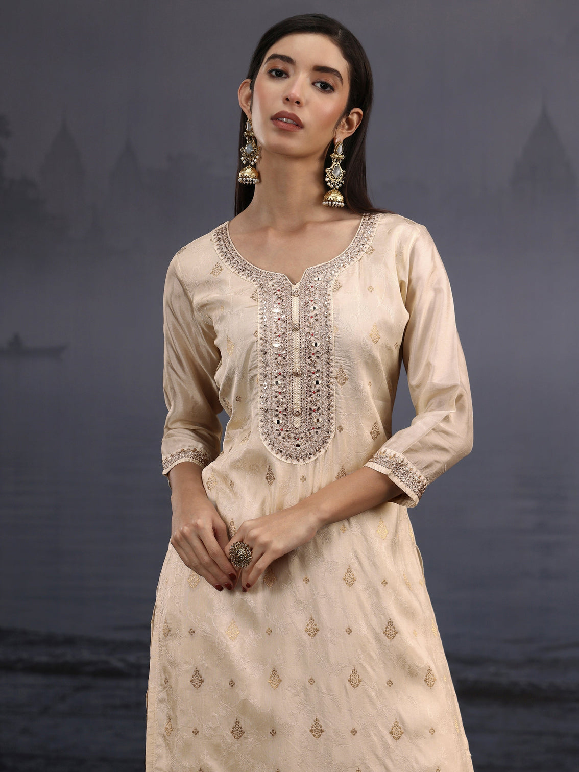 Mameraa Off White Woven Design Silk Blend Straight Suit Set
