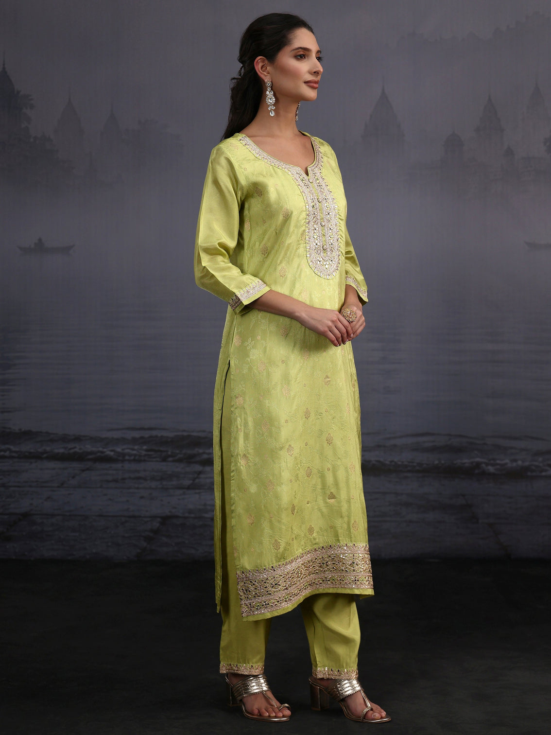 Mameraa Pista Green Woven Design Silk Blend Straight Suit Set