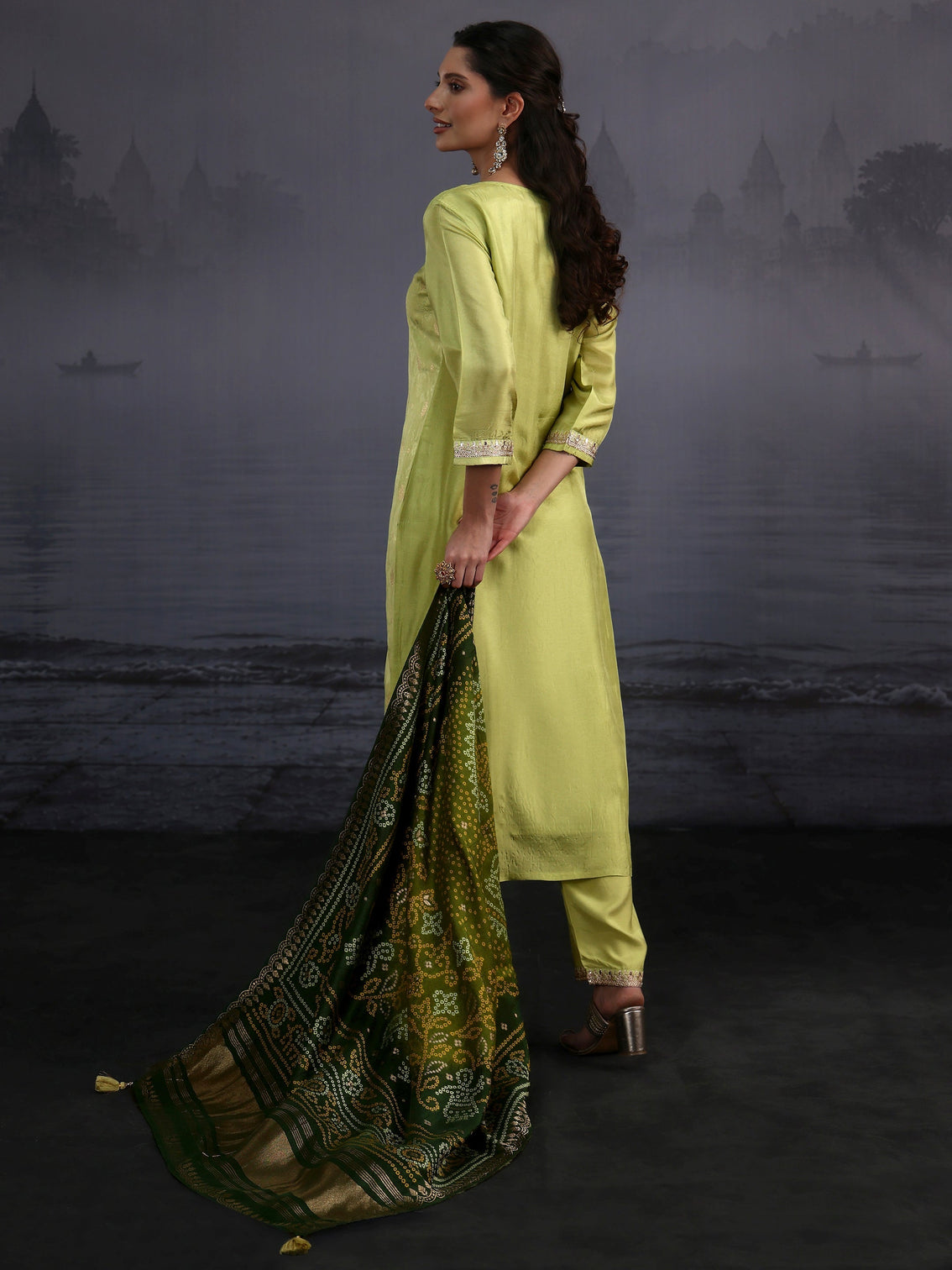 Mameraa Pista Green Woven Design Silk Blend Straight Suit Set