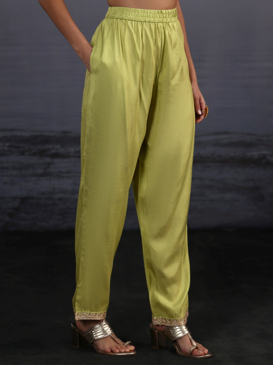 Mameraa Pista Green Woven Design Silk Blend Straight Suit Set