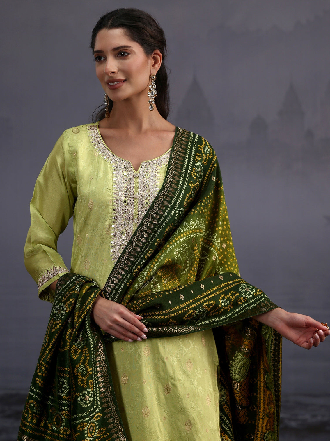 Mameraa Pista Green Woven Design Silk Blend Straight Suit Set
