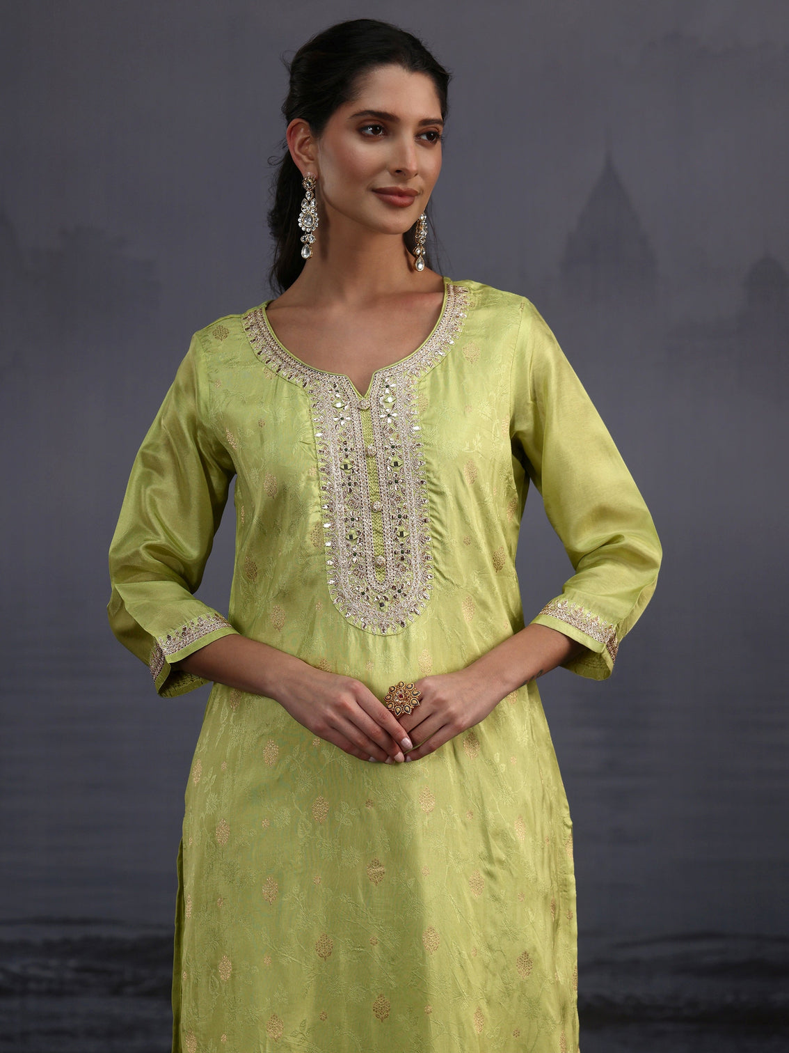 Mameraa Pista Green Woven Design Silk Blend Straight Suit Set