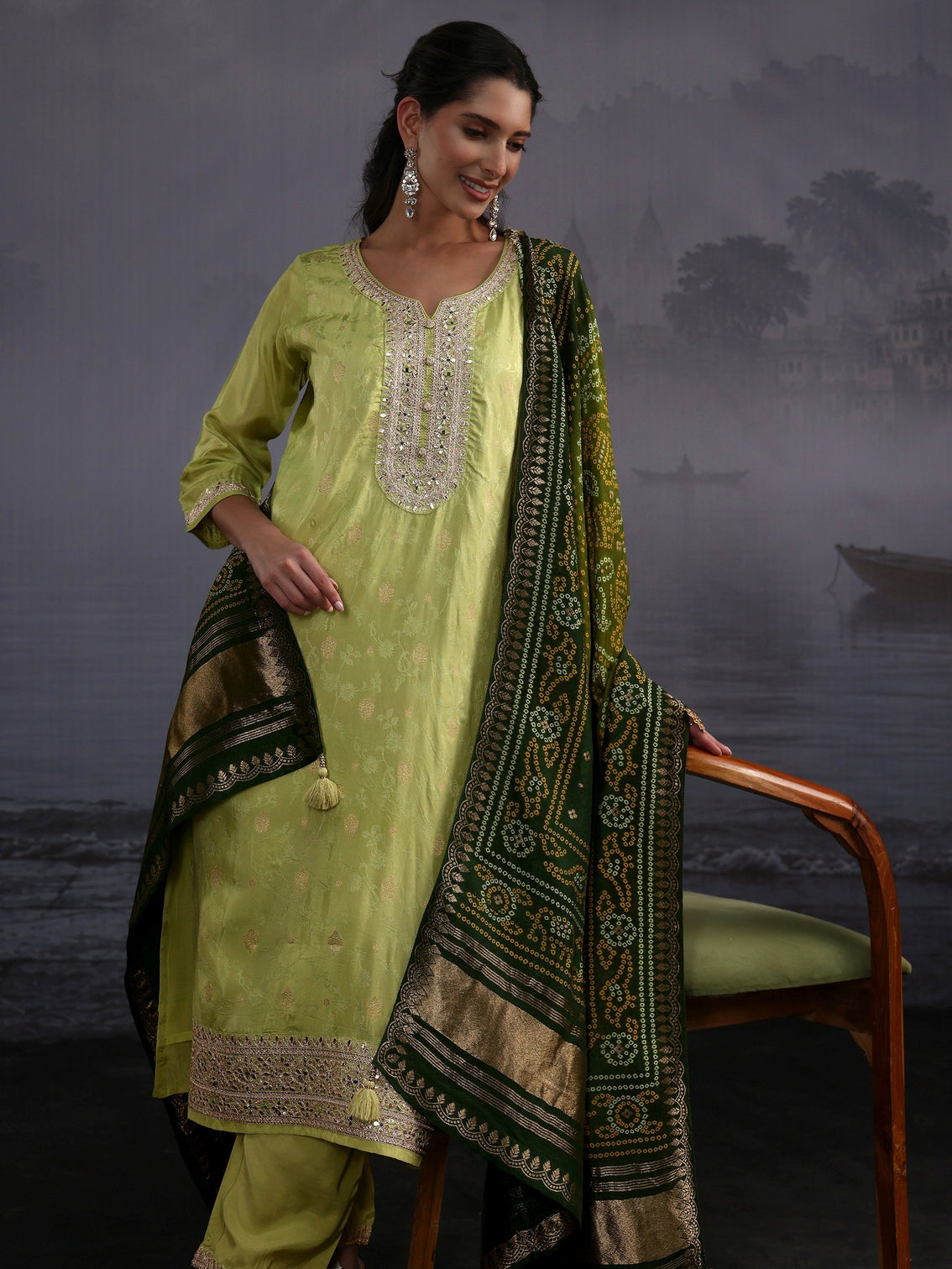 Mameraa Pista Green Woven Design Silk Blend Straight Suit Set