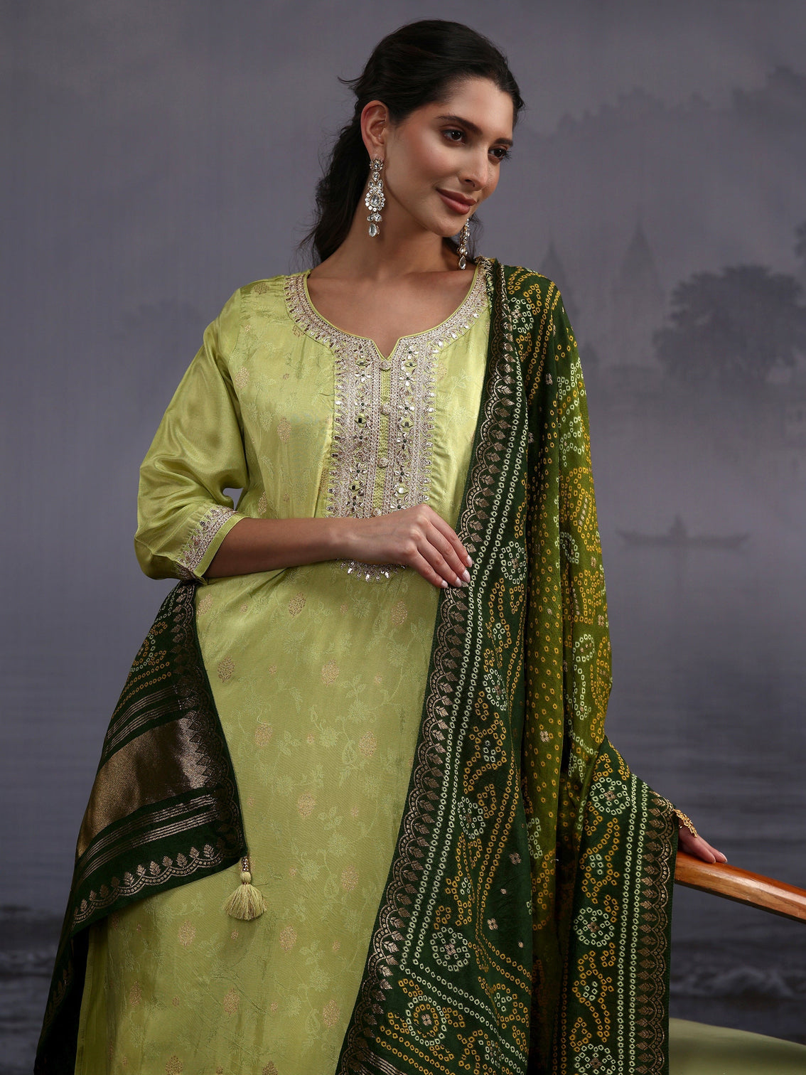Mameraa Pista Green Woven Design Silk Blend Straight Suit Set