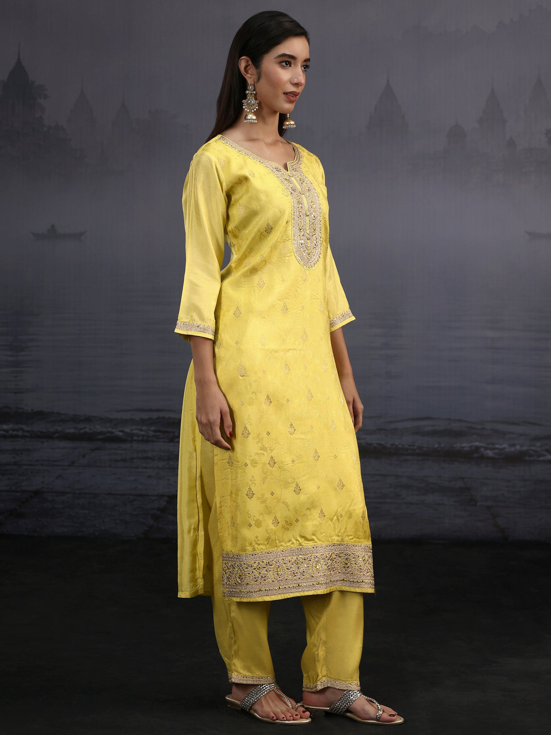 Mameraa Yellow Woven Design Silk Blend Straight Suit Set
