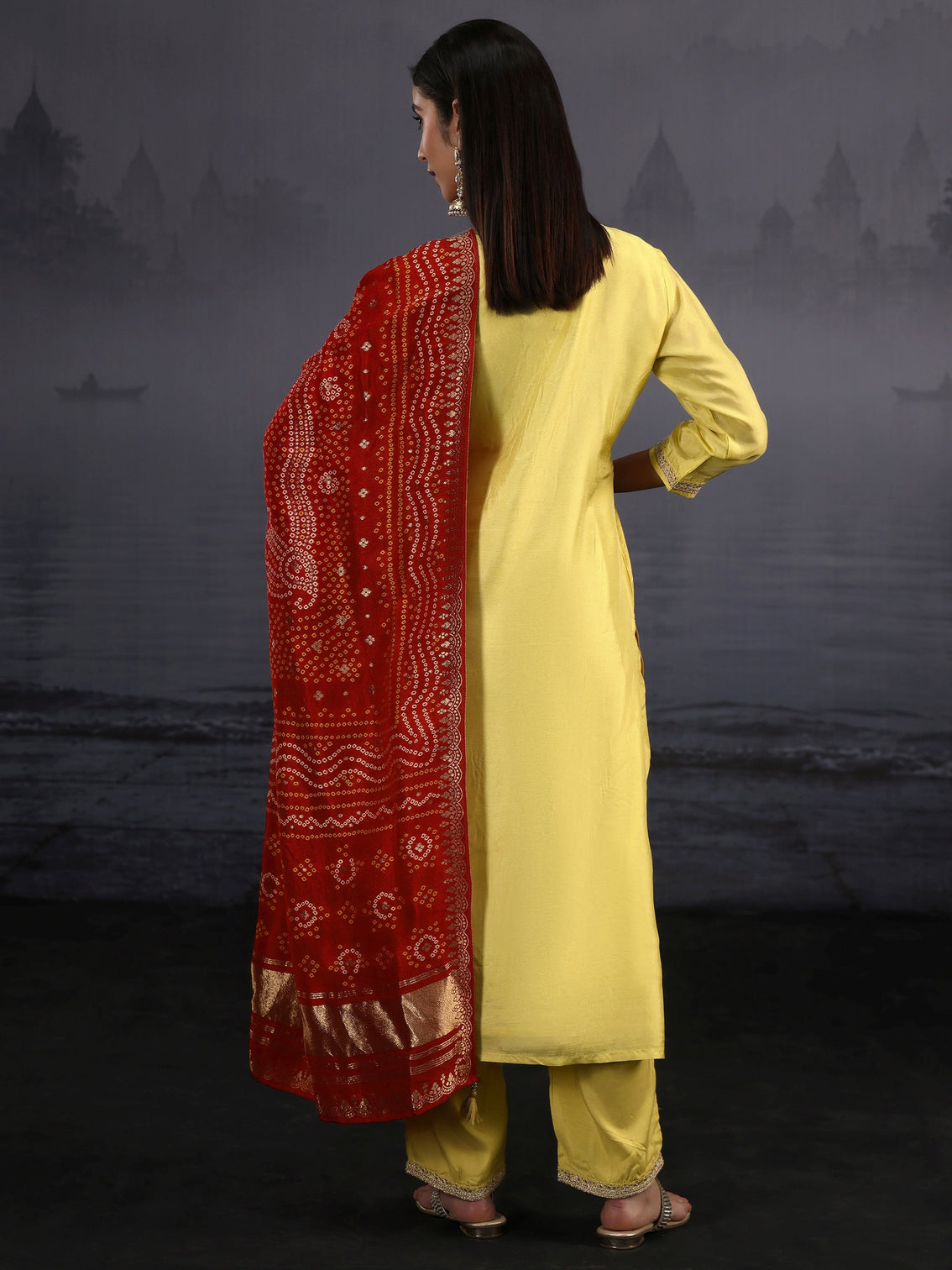 Mameraa Yellow Woven Design Silk Blend Straight Suit Set
