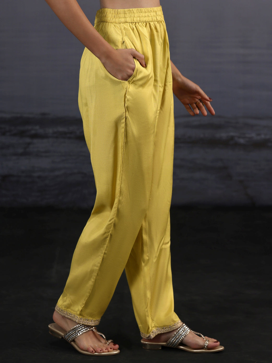 Mameraa Yellow Woven Design Silk Blend Straight Suit Set