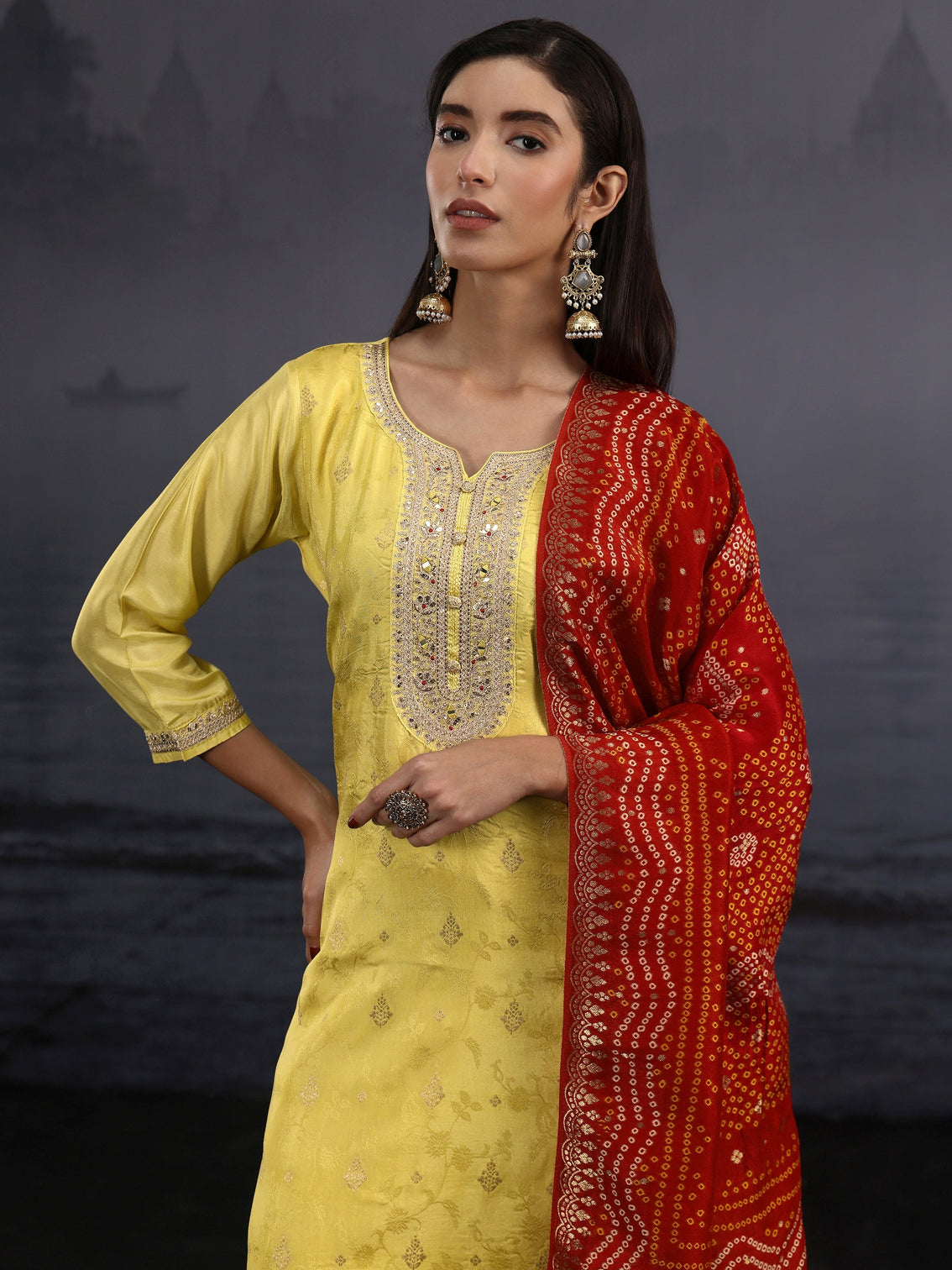Mameraa Yellow Woven Design Silk Blend Straight Suit Set