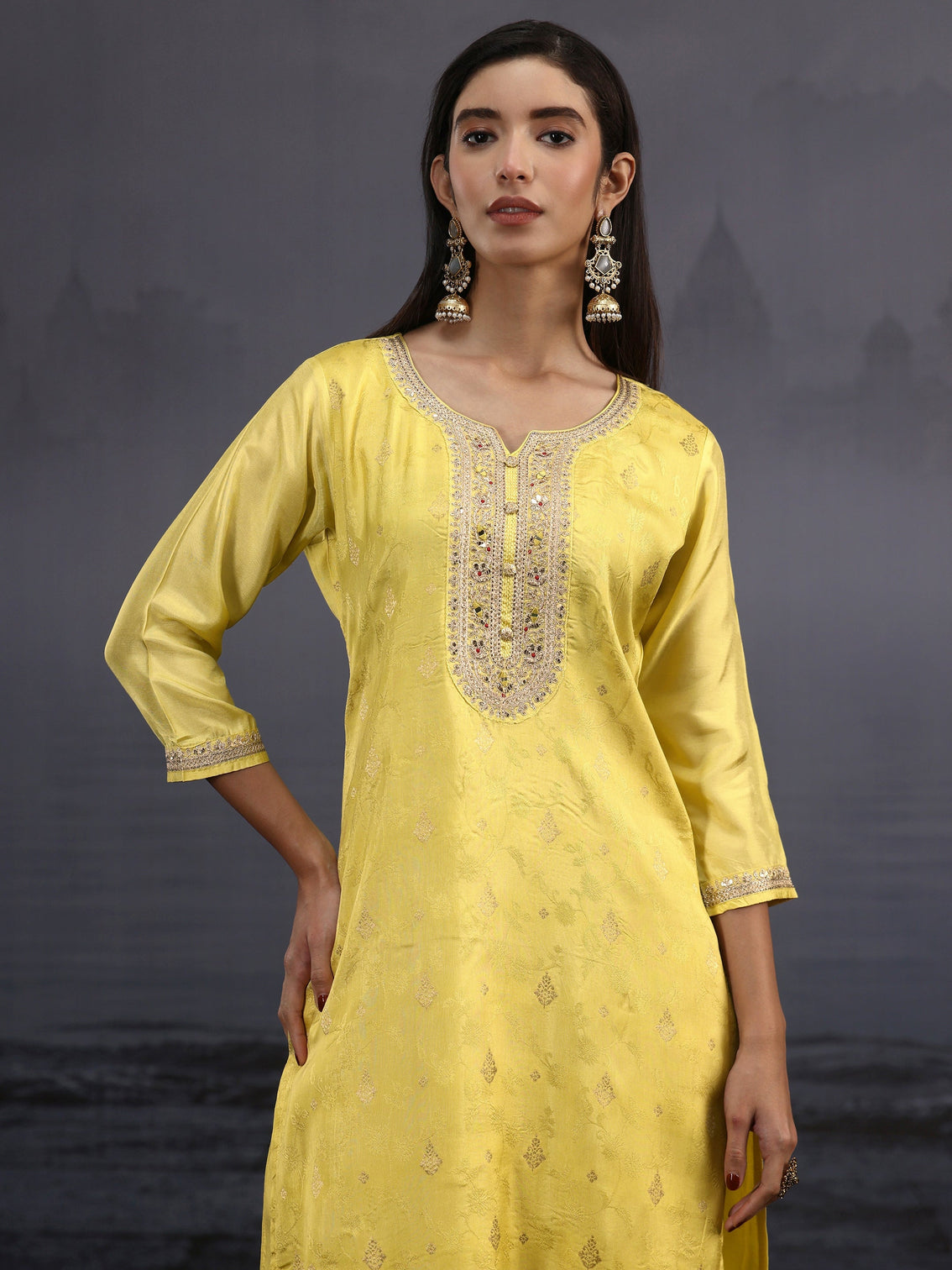 Mameraa Yellow Woven Design Silk Blend Straight Suit Set
