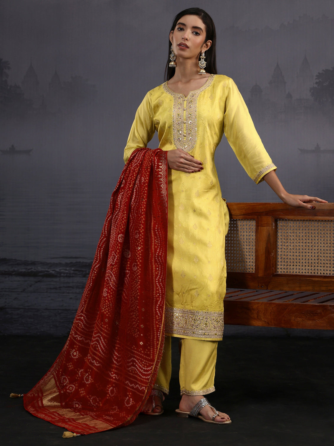 Mameraa Yellow Woven Design Silk Blend Straight Suit Set