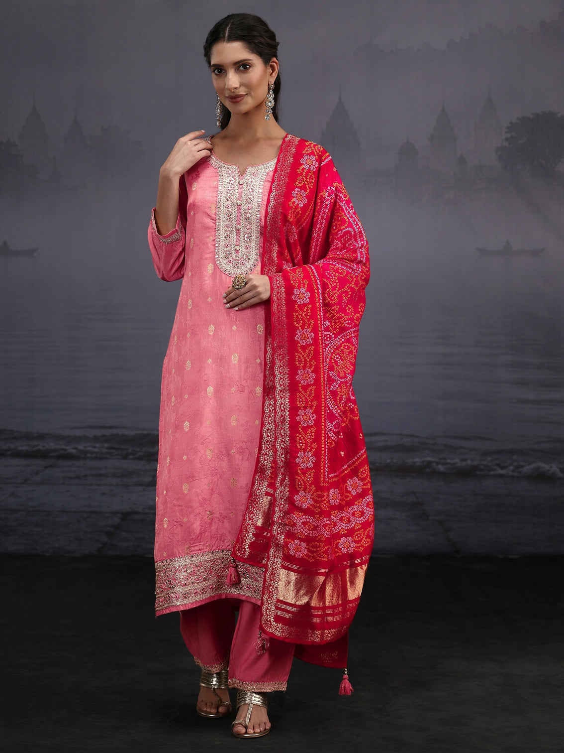 Mameraa Rose Pink Woven Design Silk Blend Straight Suit Set