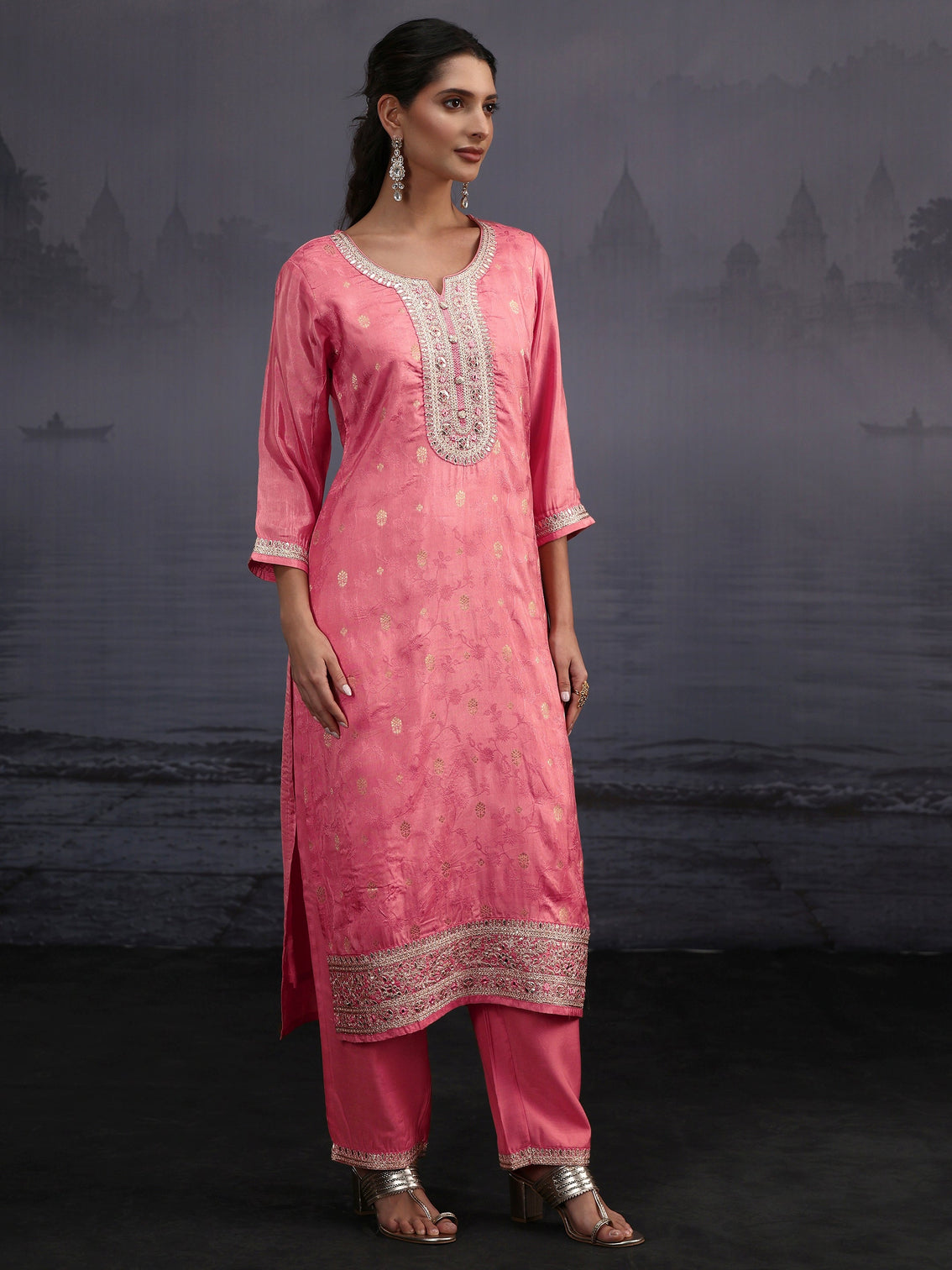 Mameraa Rose Pink Woven Design Silk Blend Straight Suit Set