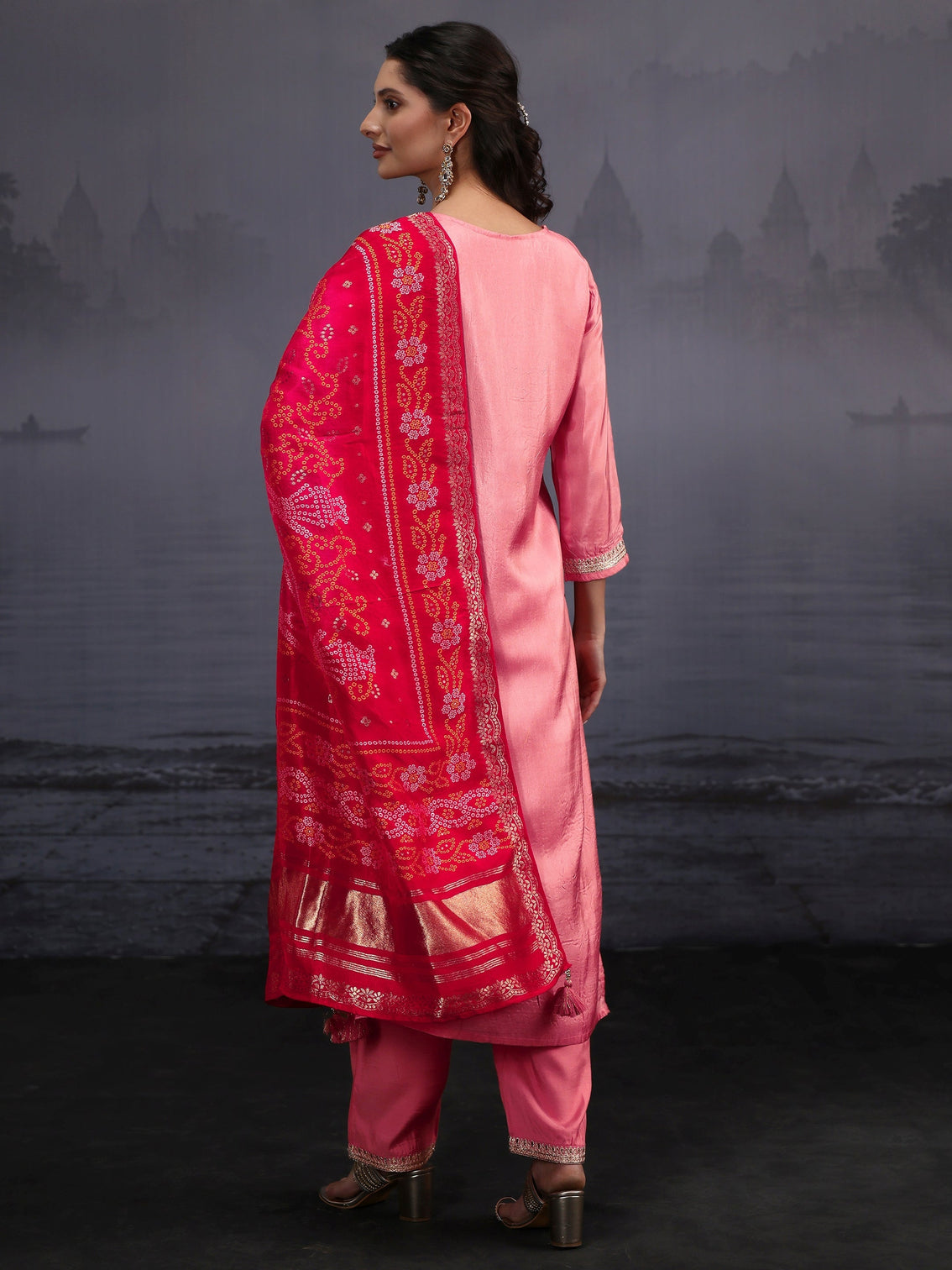 Mameraa Rose Pink Woven Design Silk Blend Straight Suit Set