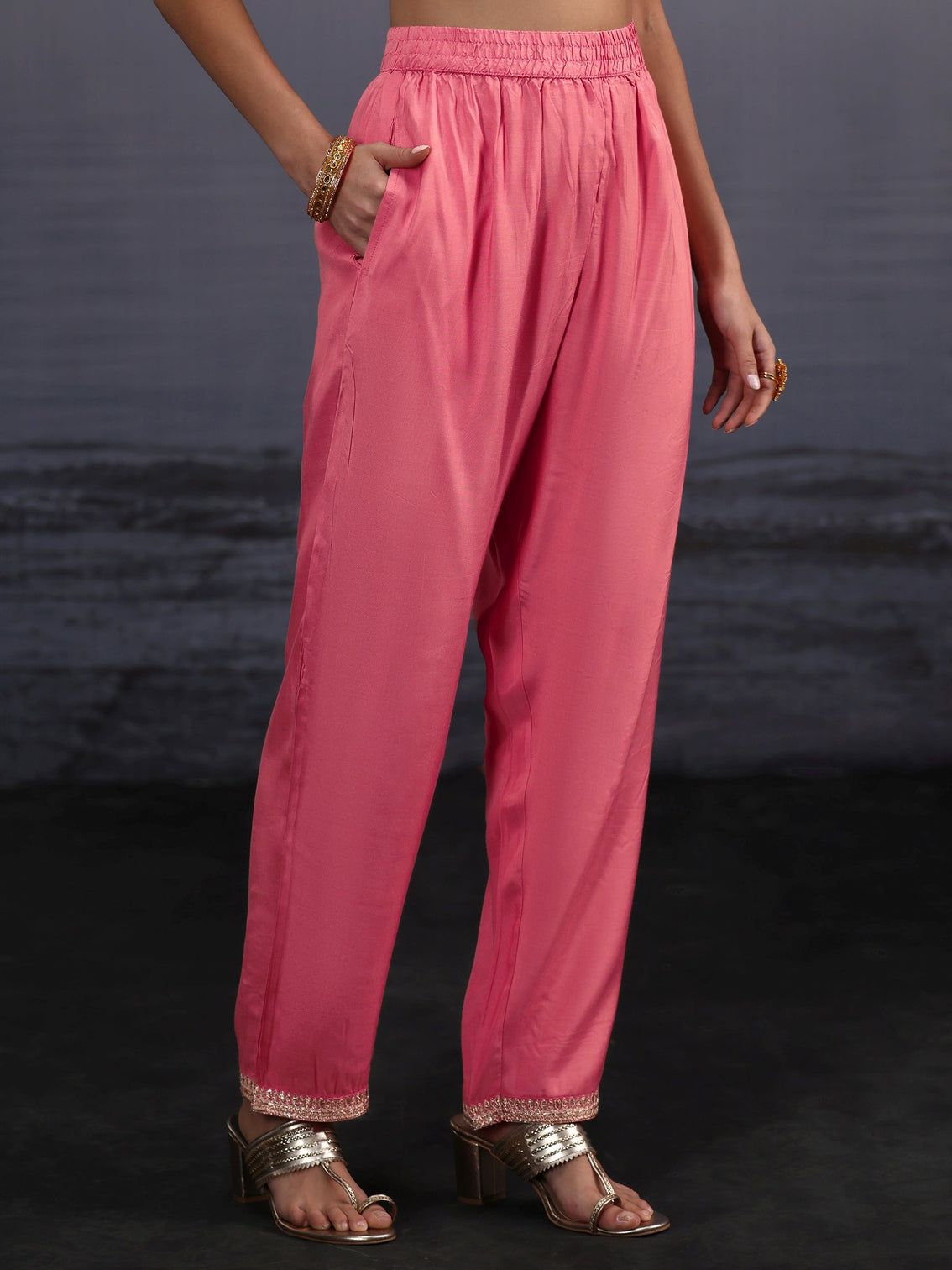 Mameraa Rose Pink Woven Design Silk Blend Straight Suit Set