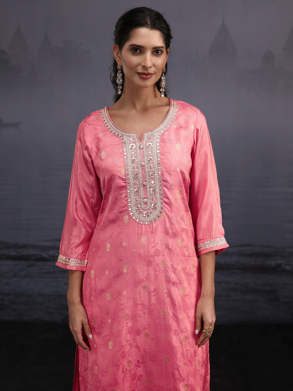 Mameraa Rose Pink Woven Design Silk Blend Straight Suit Set