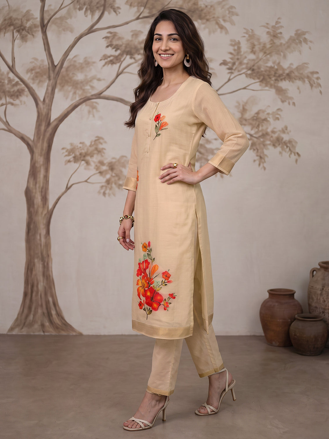 Mameraa Off White Floral Woven Design Cotton Straight Suit Set