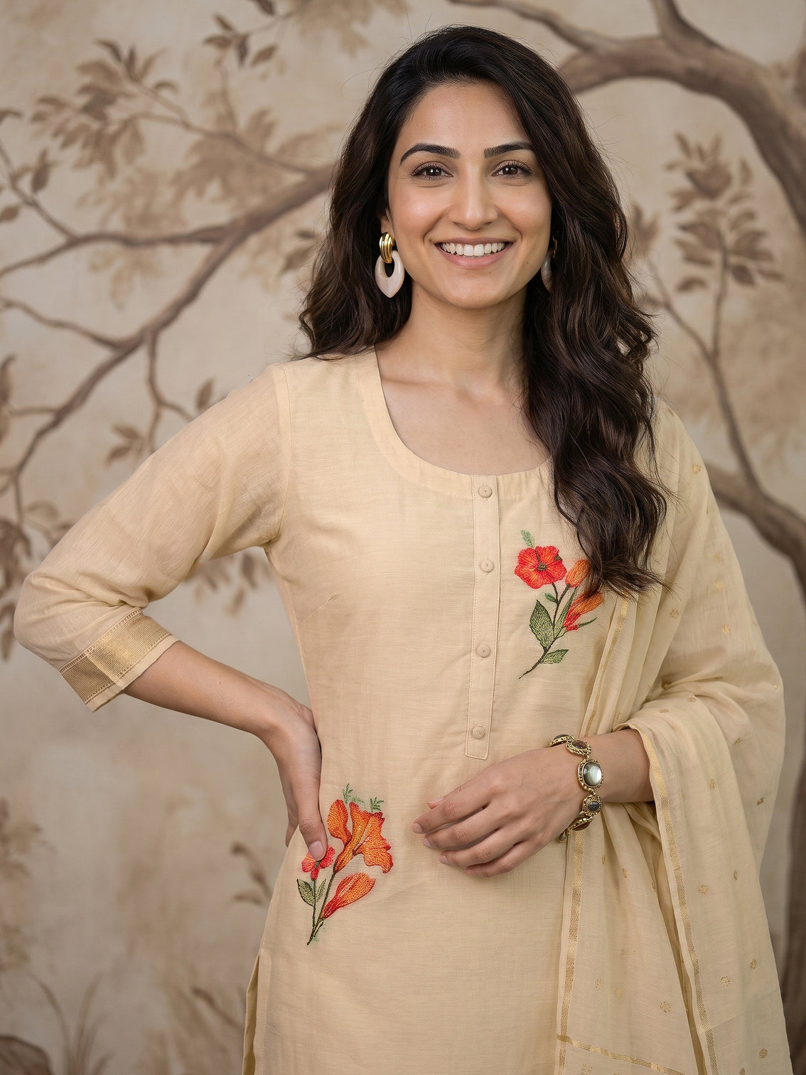 Mameraa Off White Floral Woven Design Cotton Straight Suit Set