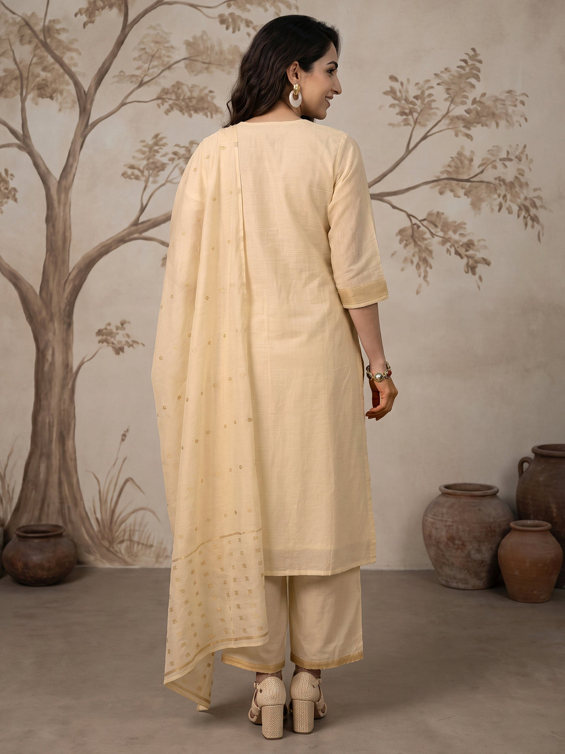 Mameraa Off White Floral Woven Design Cotton Straight Suit Set