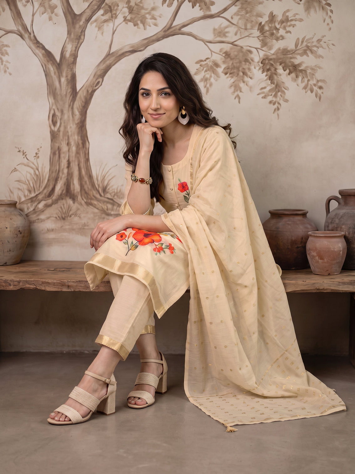 Mameraa Off White Floral Woven Design Cotton Straight Suit Set