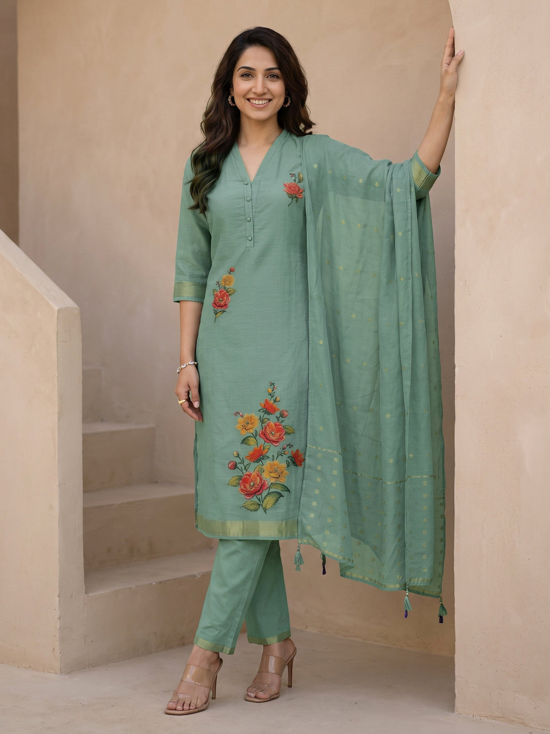 Mameraa Blue Floral Printed Silk Blend Straight Suit Set