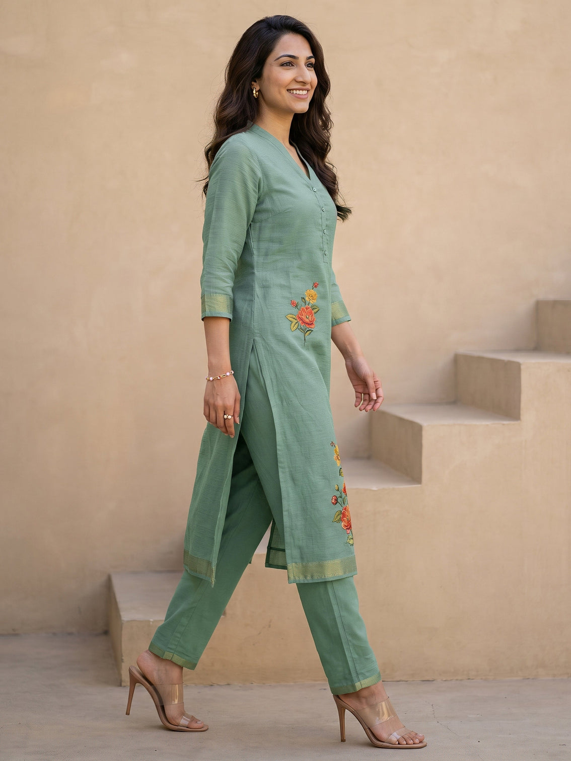 Mameraa Blue Floral Printed Silk Blend Straight Suit Set