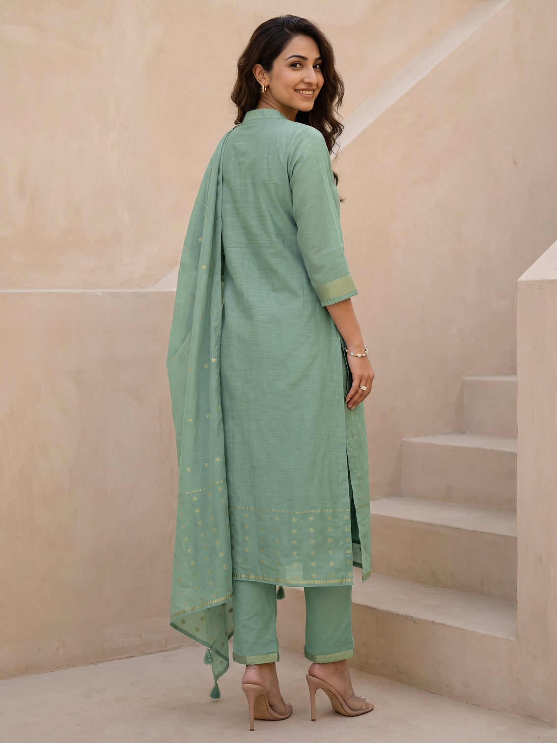 Mameraa Blue Floral Printed Silk Blend Straight Suit Set