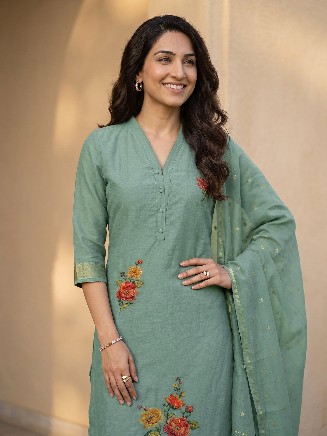 Mameraa Blue Floral Printed Silk Blend Straight Suit Set