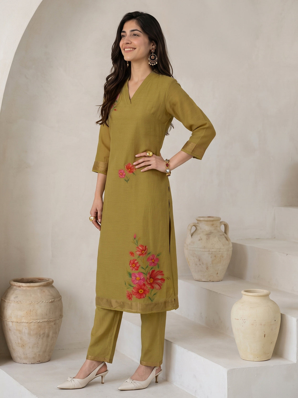 Mameraa Henna Green Floral Printed Silk Blend Straight Suit Set