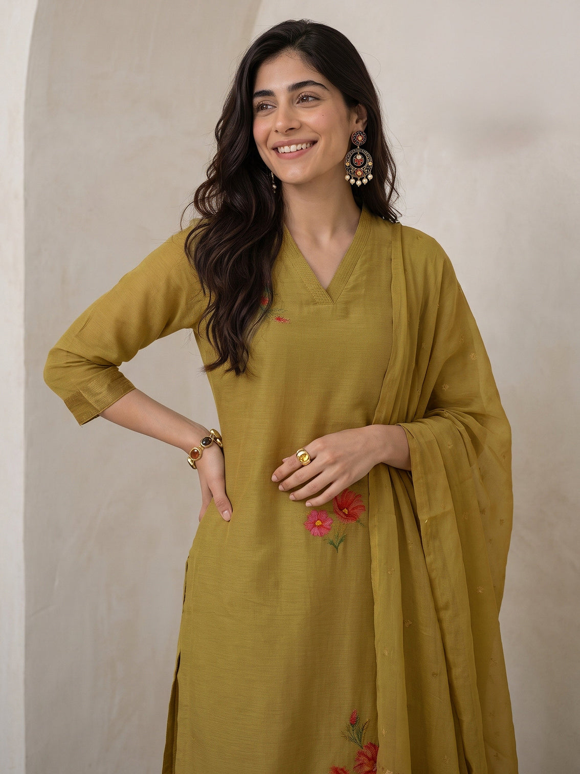 Mameraa Henna Green Floral Printed Silk Blend Straight Suit Set