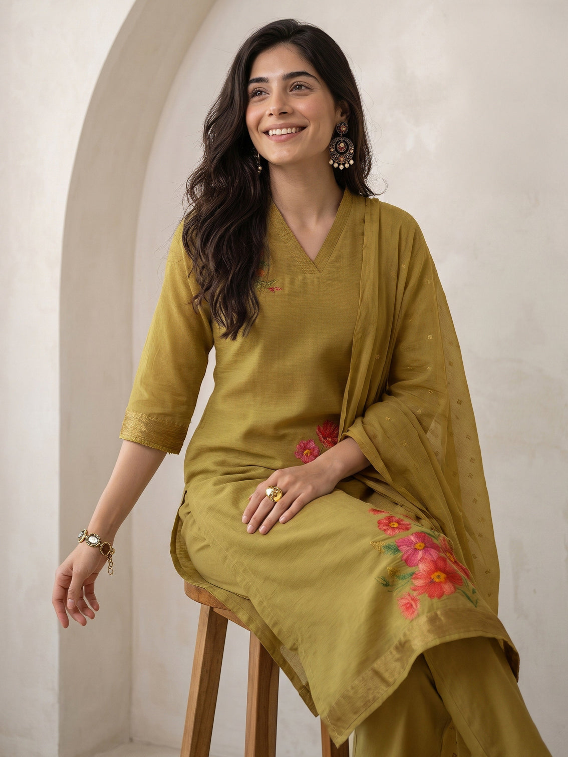 Mameraa Henna Green Floral Printed Silk Blend Straight Suit Set
