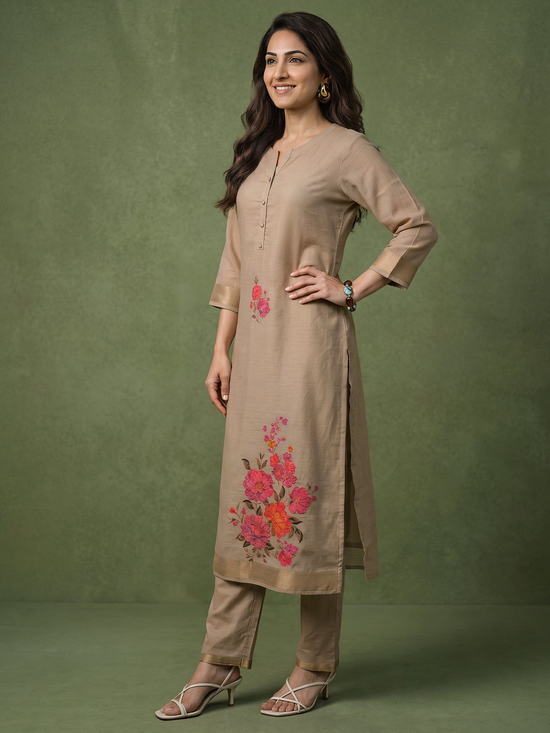 Mameraa Light Taupe Floral Printed Silk Blend Straight Suit Set